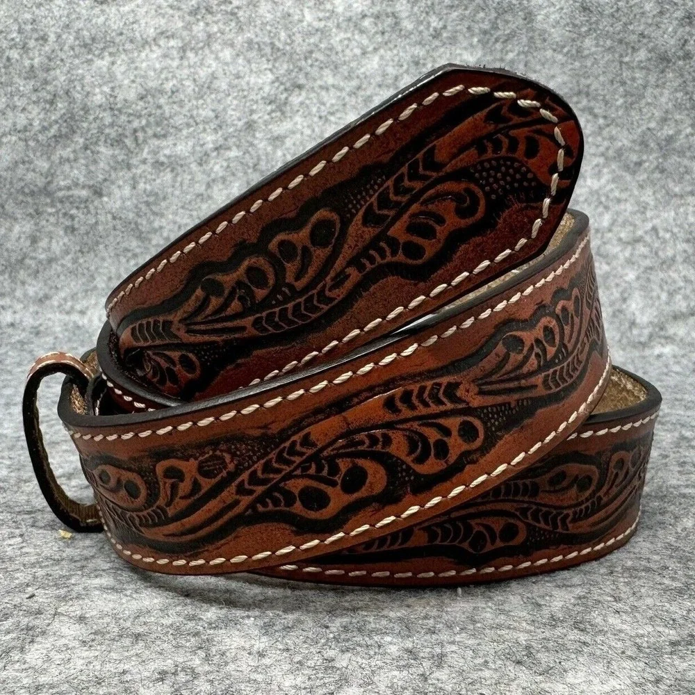 Nocona Tooled Western Belt Size 28 Genuine Leather Ornate Cowboy Buckle Longhorn